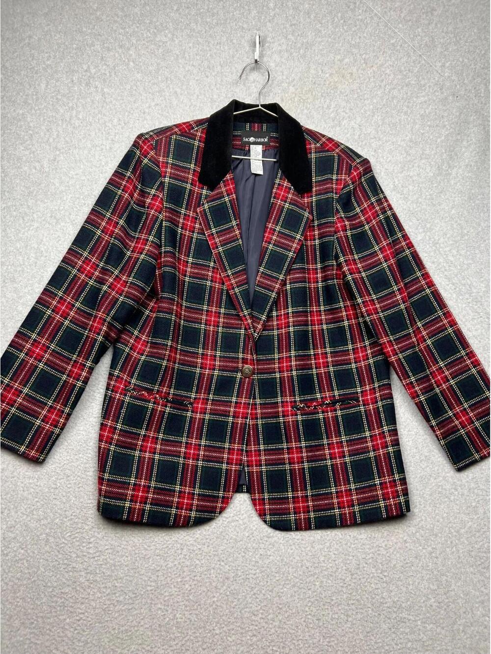 Sag Harbor Vintage Plaid Blazer Jacket Size 14 Wool Blend Retro Preppy Classic